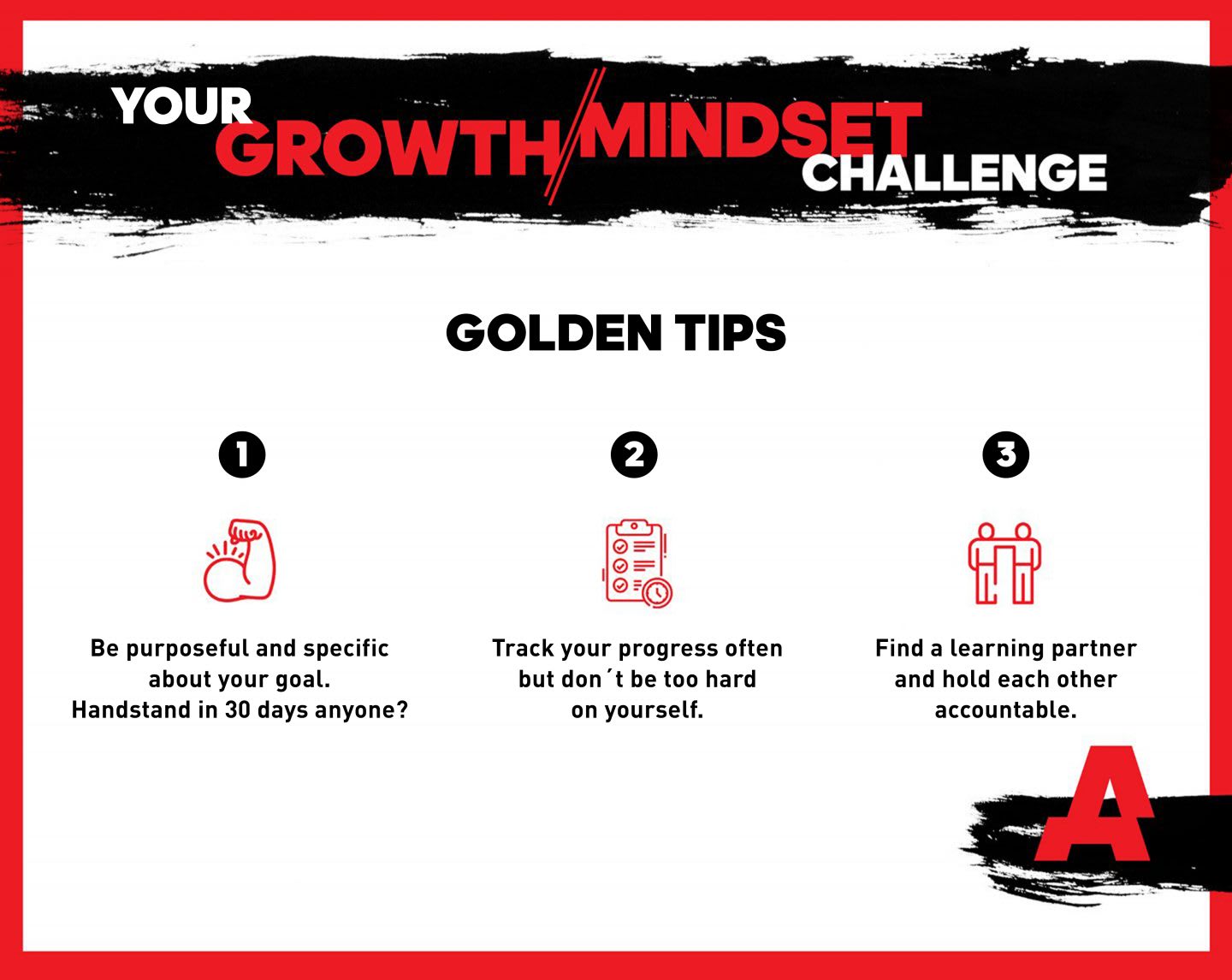 This picture shows three golden tips to start your personal Growth Mindset Challenge. Self-Improvement, Challenge, Growth Mindset, Mindset, Community, GamePlanA.