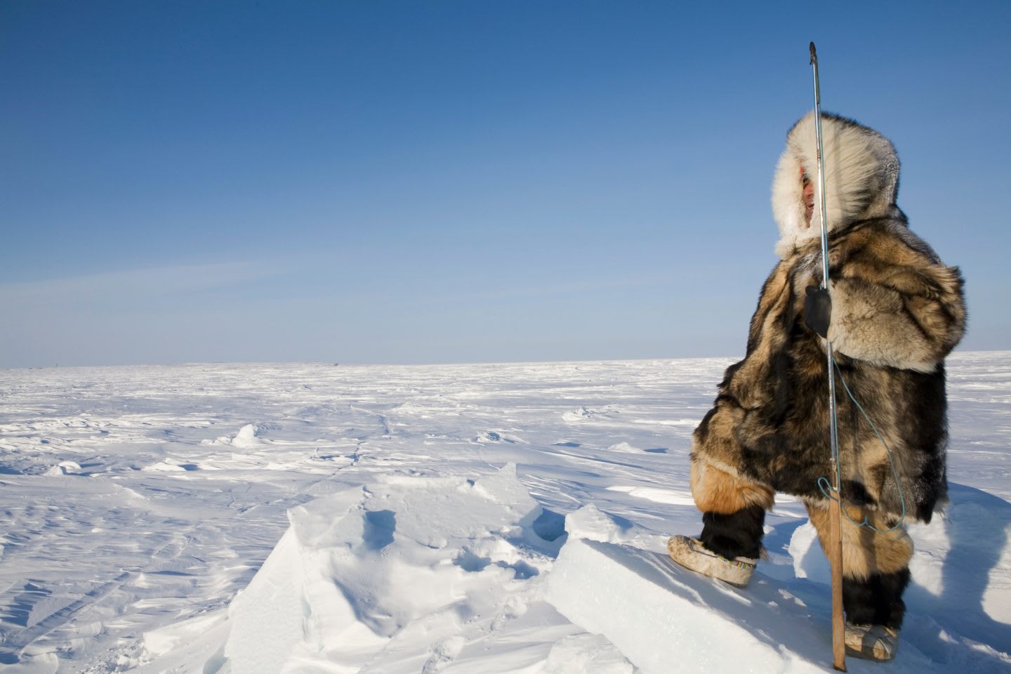 An Inuit man is hunting for wild animals on the north pole, Canada, cold, outdoor, anorak