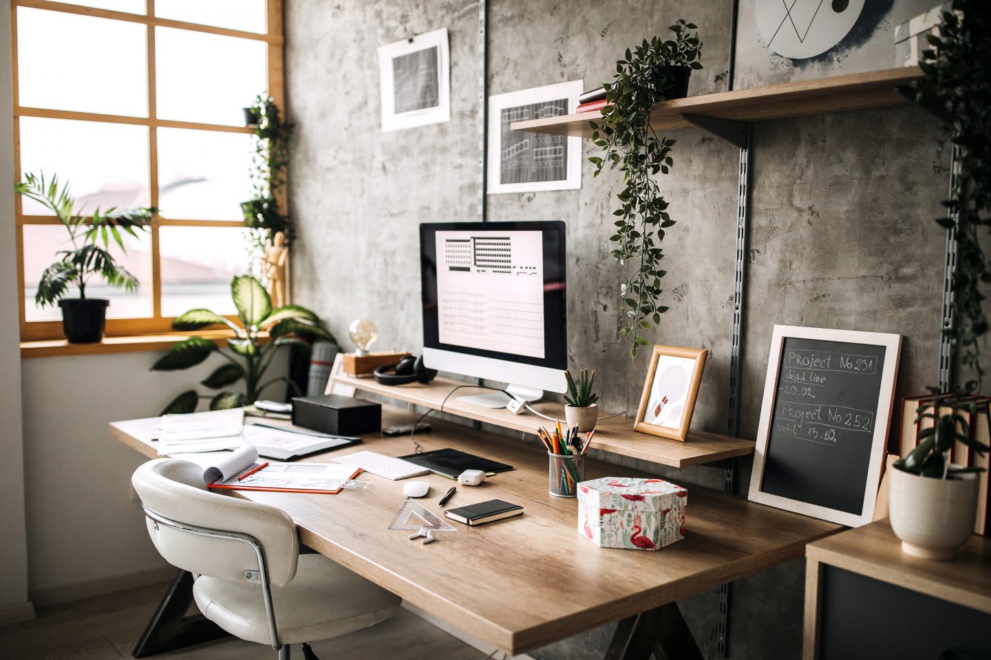 Workstation in home office with laptop, laptop, desk, home office, remote, working, plants, desktop