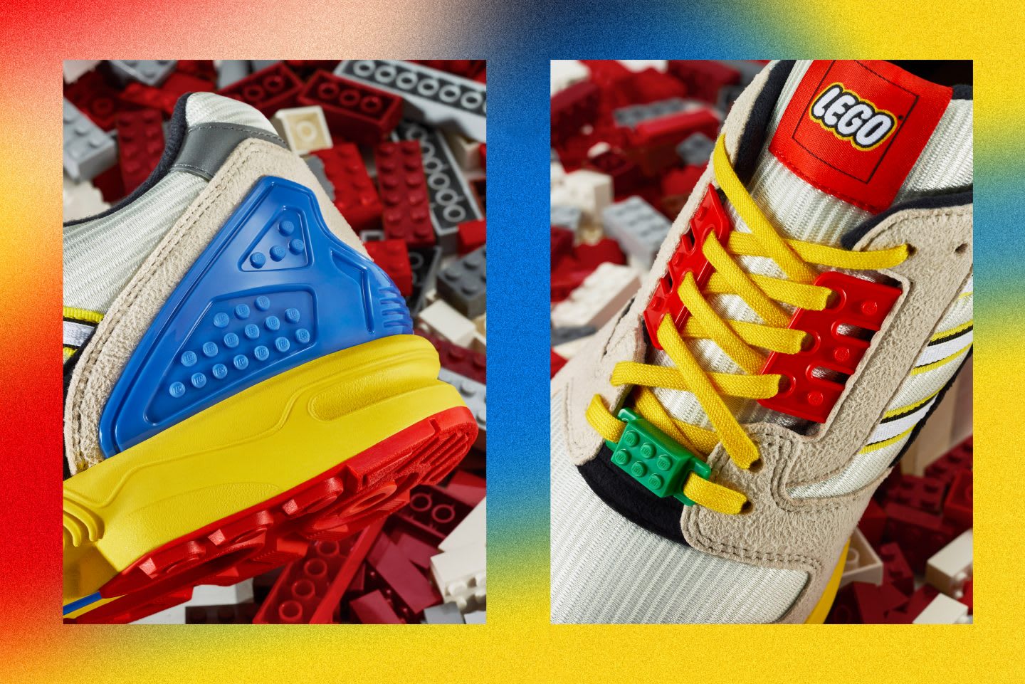 Shoes with primary colors on top of Lego toy bricks, adidas, LEGO partnership, collaboration ZX8000, shoes, Originals