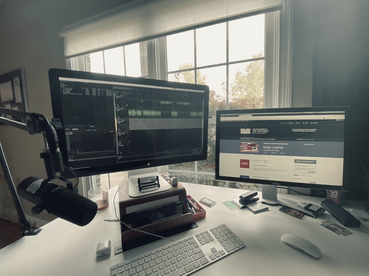 Desktop screens with microphone and keyboard for recording podcasts, Adam Martin, Makers of Sport, setup, equipment