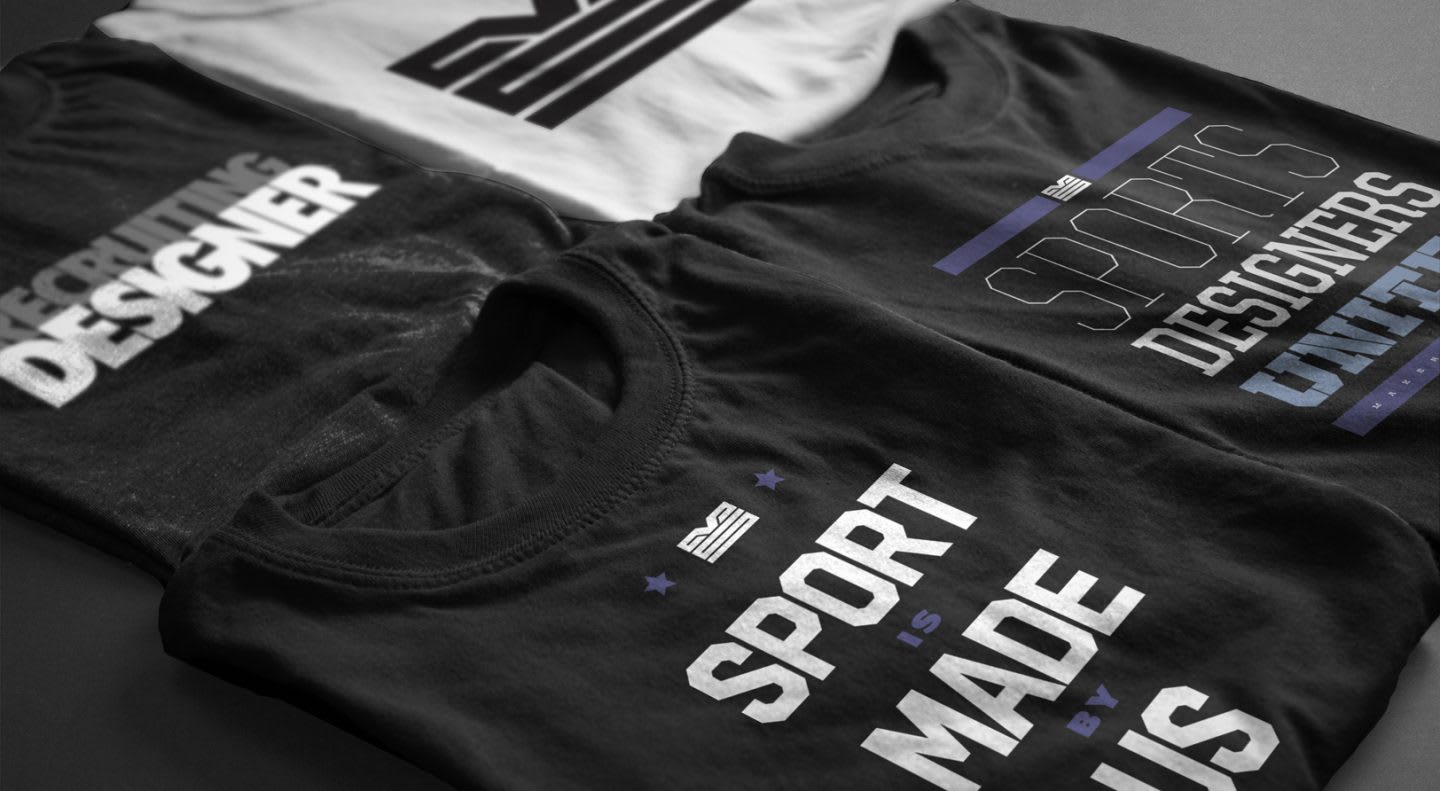 Black and white t-shirts with printed lettering folded neatly, Makers of Sport, Adam Martin, podcast, recording, merchanise