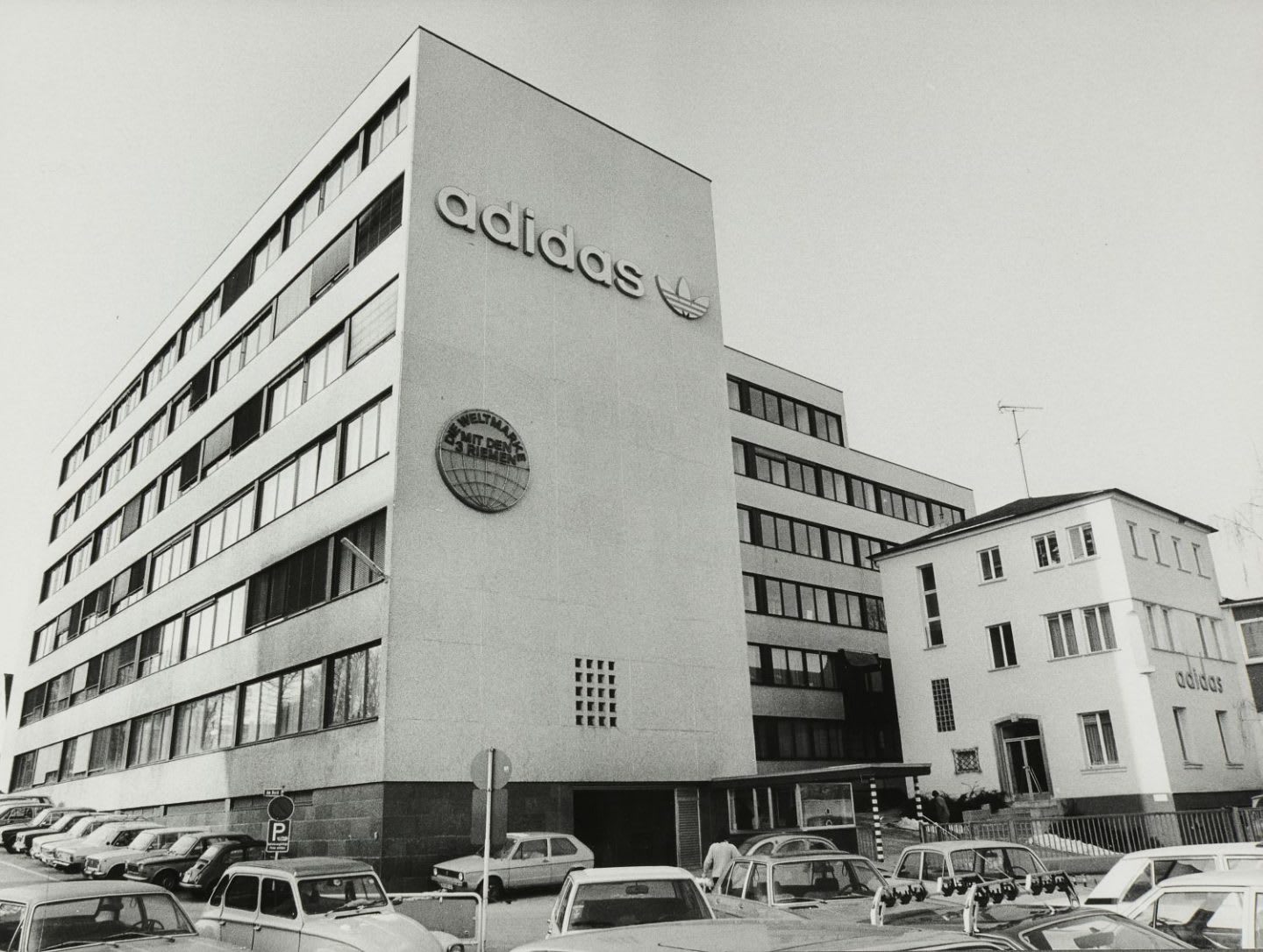 Old fashioned picture of building with adidas logo, Herzogenaurach, 1977, Adolf, Dassler, Adi, adidas, sports, shoes, shoemaker, history, archive