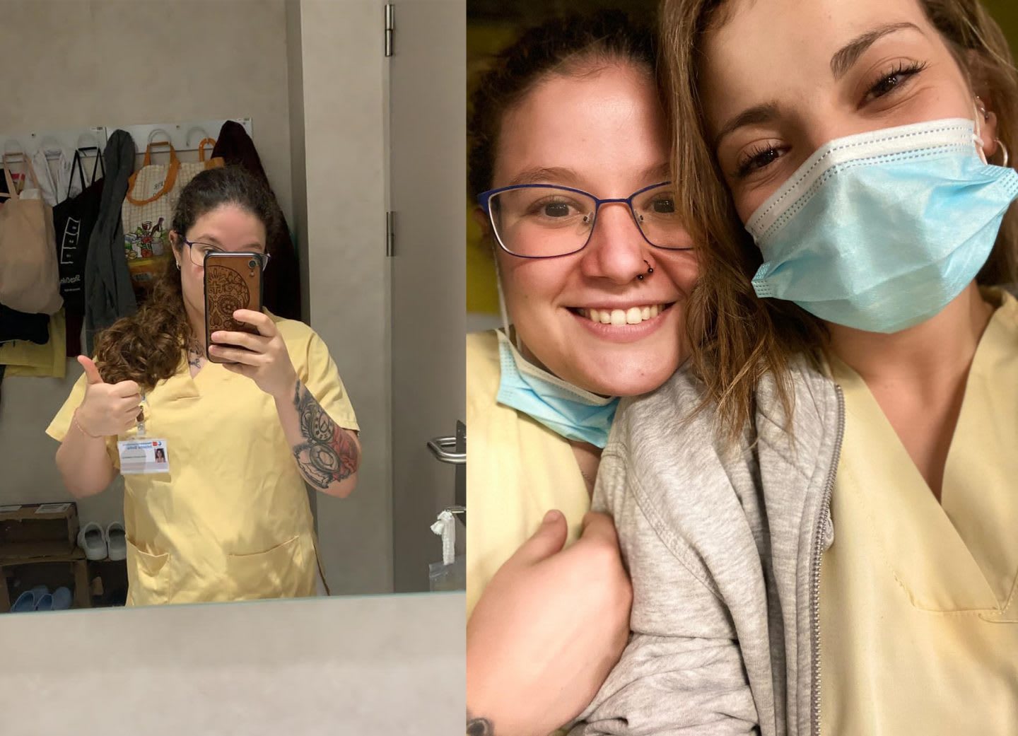 Women wearing yellow scrubs and mask posing for camera, Sara Baeza, nurse, healthcare, frontline, hospital, care, coronavirus, COVID-19