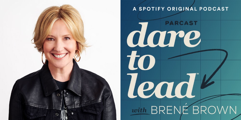 Woman with blonde hair and black shirt smiling in headshot, Brené Brown, woman, leadership, podcast, leaders