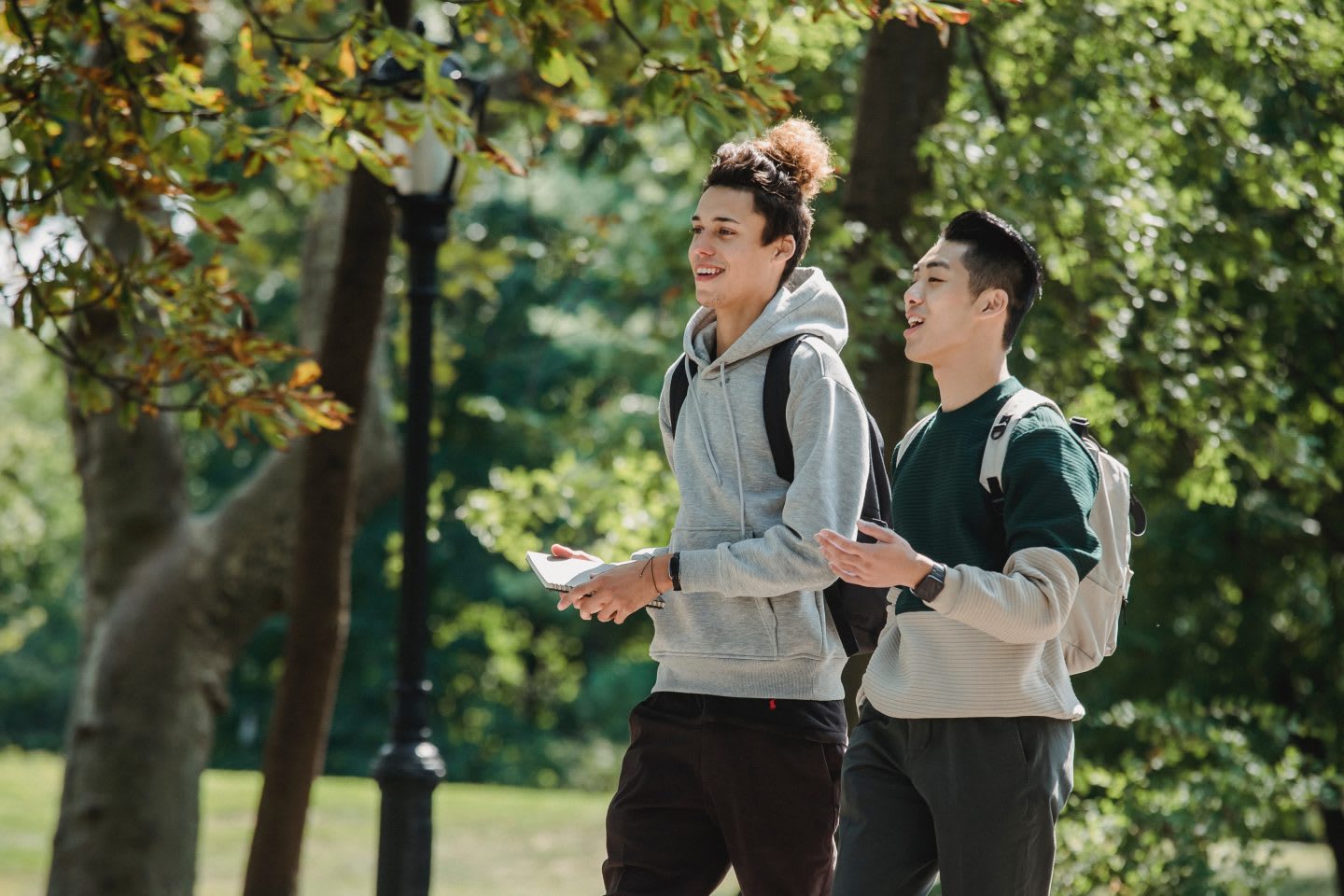 Two boys wearing backpacks and sweatshirts walking while talking, young, boys, socializing, summer, green, outdoors