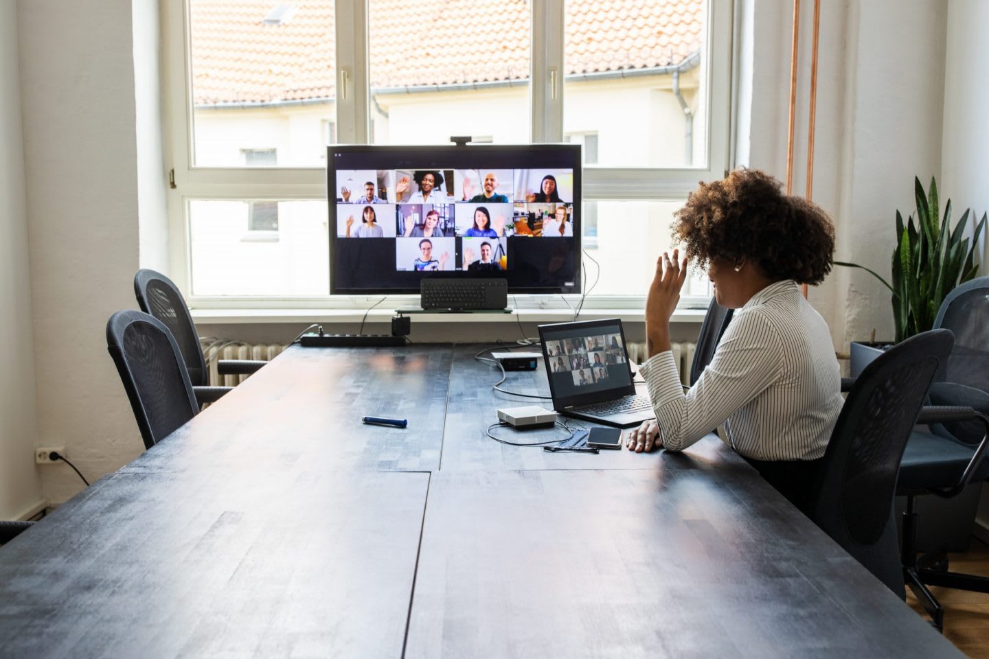 businesswoman, video call, office, online meeting, future career