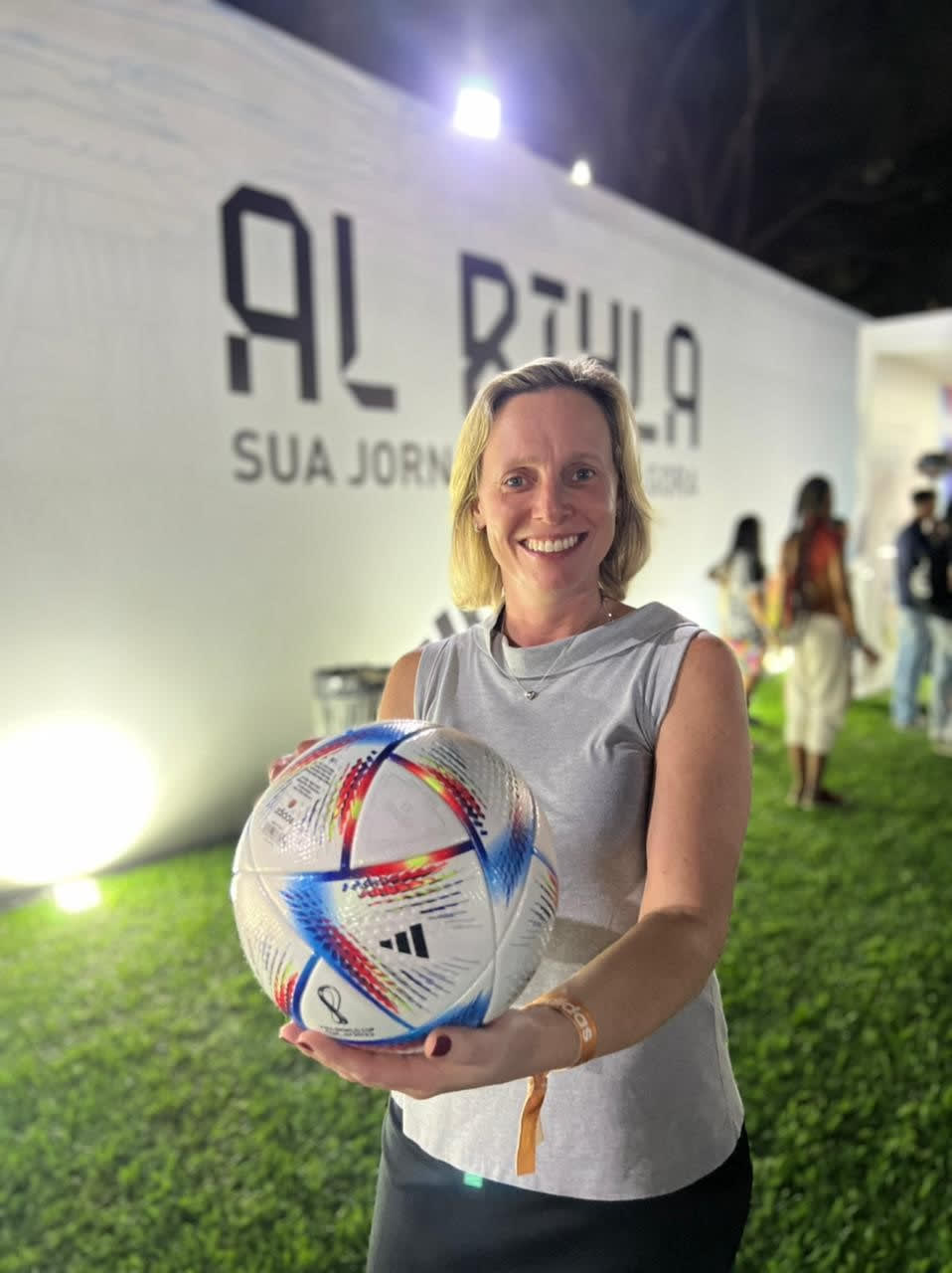Carla Salvador holds up the AlRihla football at a launch event.