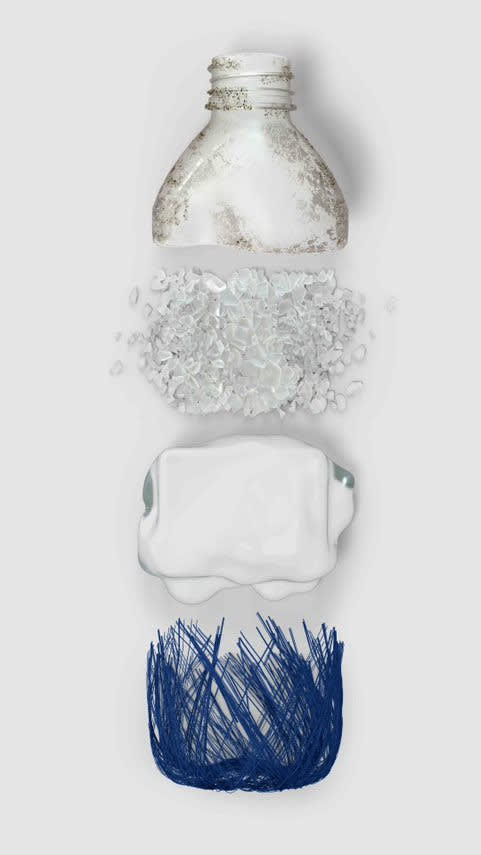 Plastic bottle cut into four parts to demonstrate the different stages of recycling plastic bottle.