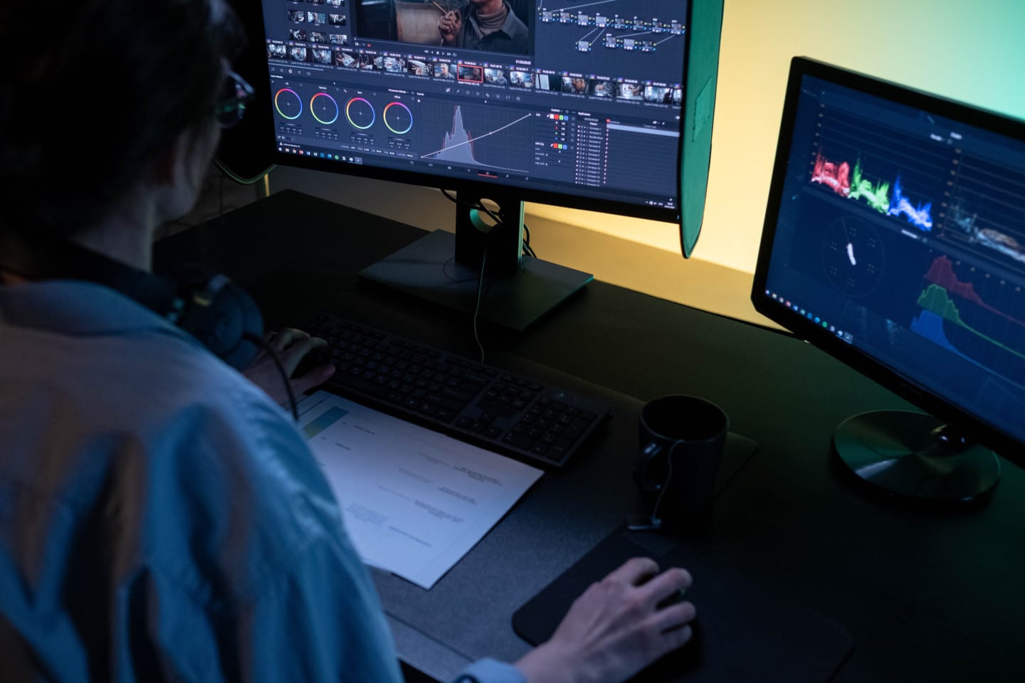 Person looking at two monitors while working.