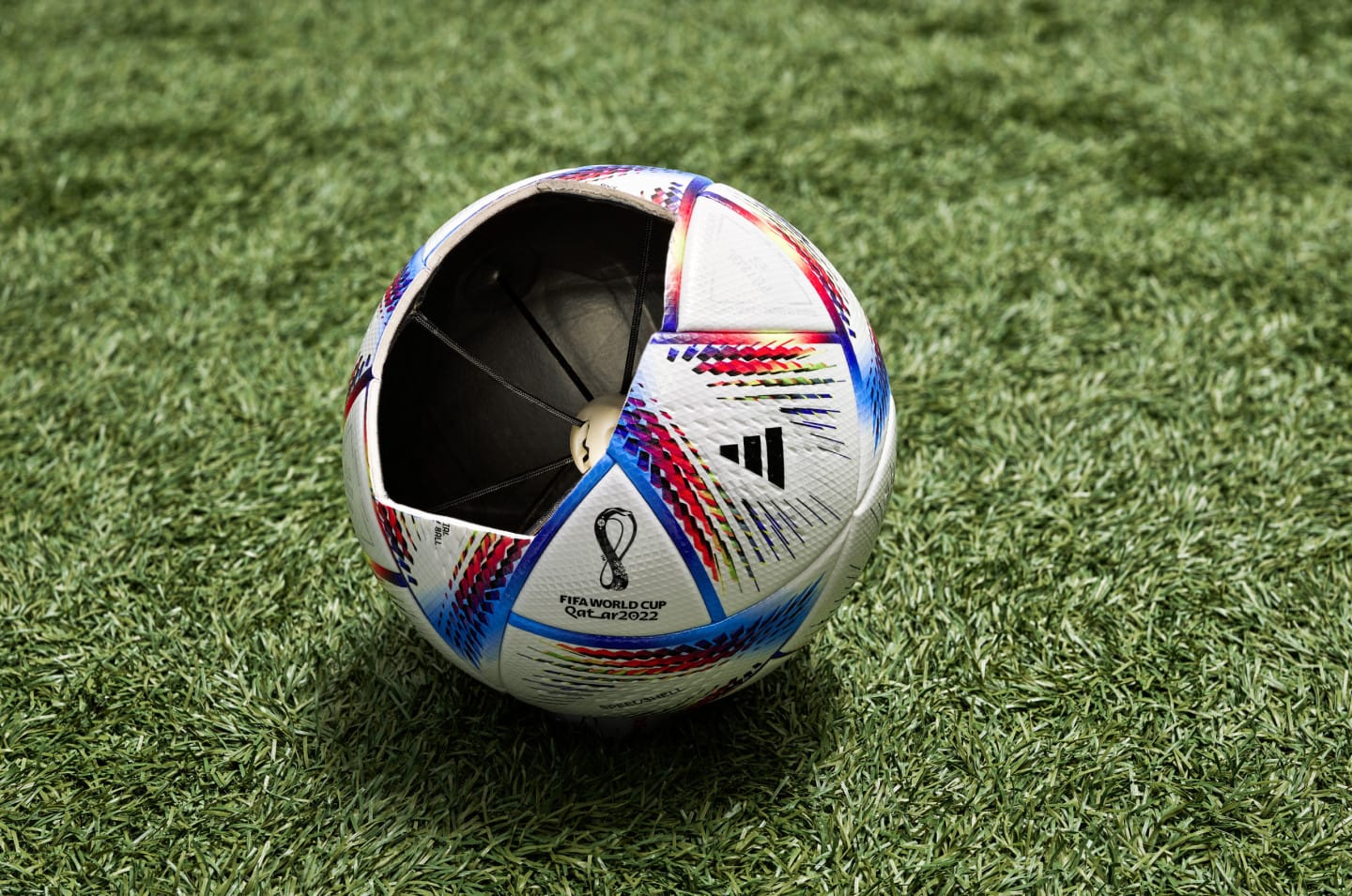 The Al Rihla soccer ball is missing a panel to show the digital technology inside.