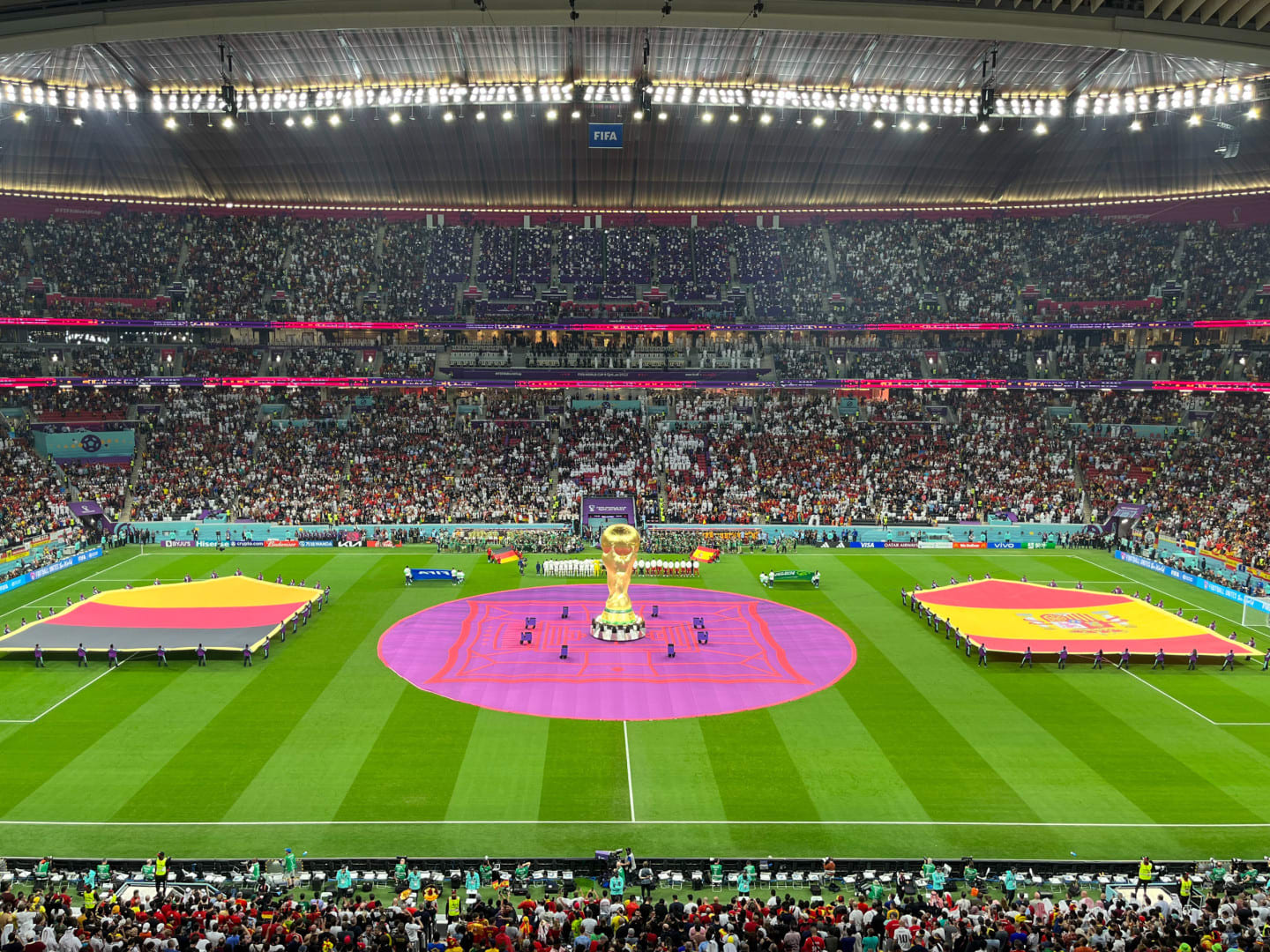 The World Cup trophy on a football pitch