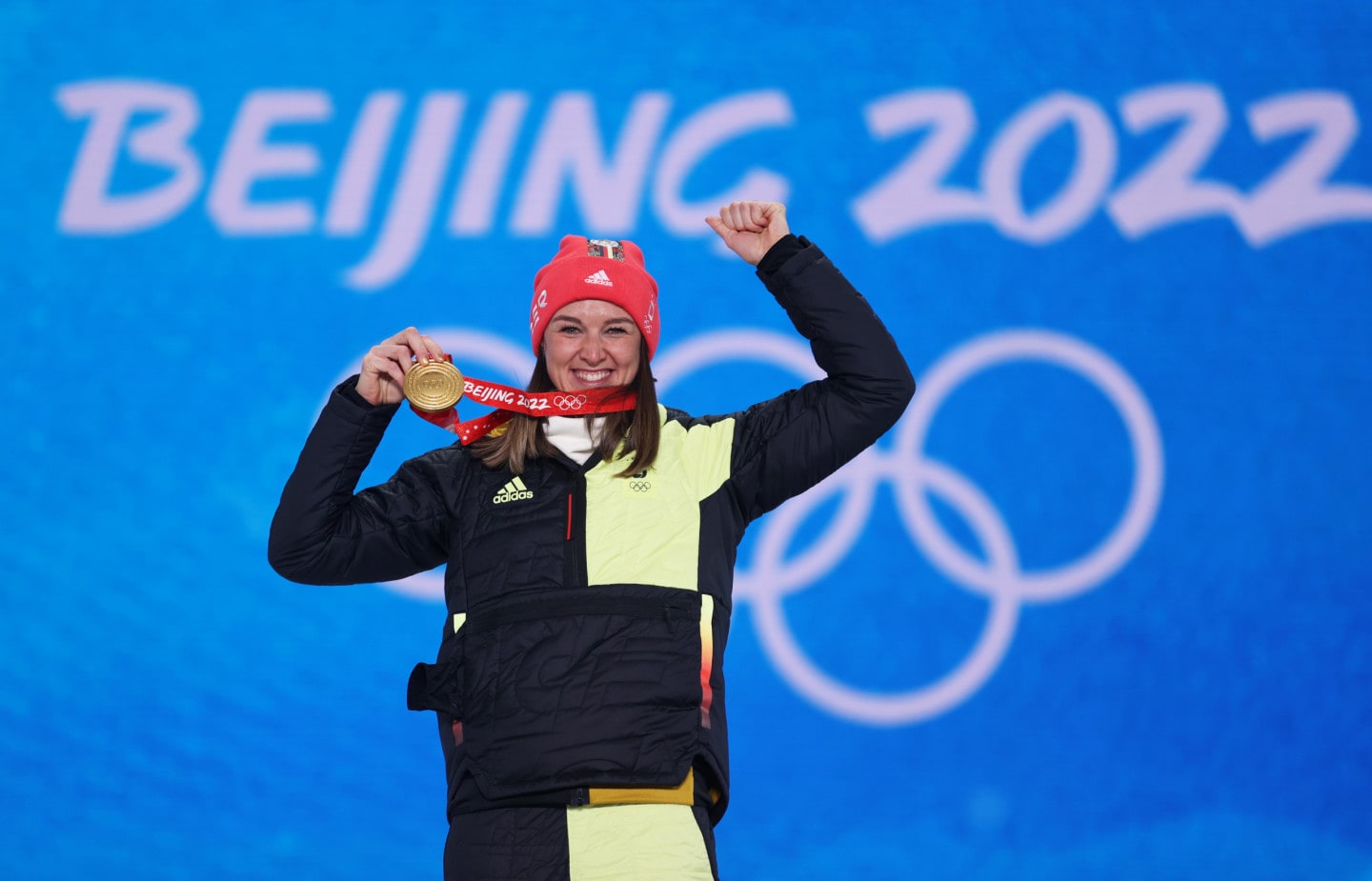 Denise Herrmann-Wick celebrating her gold medal at the 2022 Winter Olympics in Beijing.