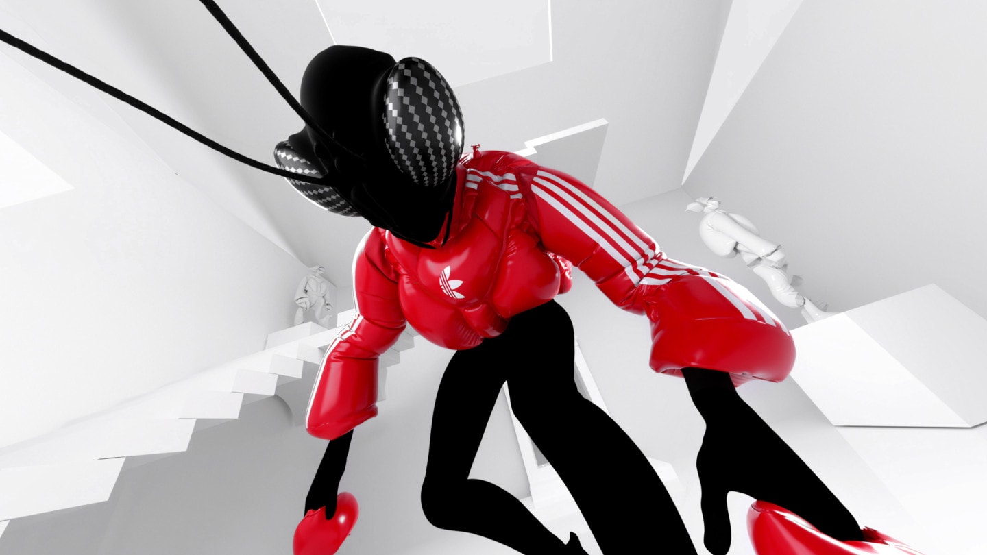 adidas virtual wearables in a red and black track suit.