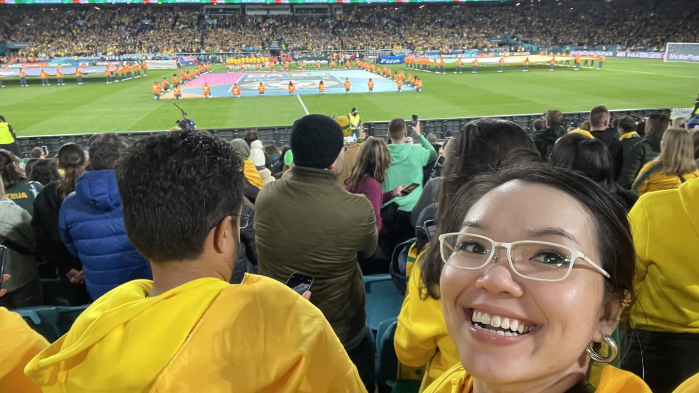 A woman taking a selfie in Stadium Australia.