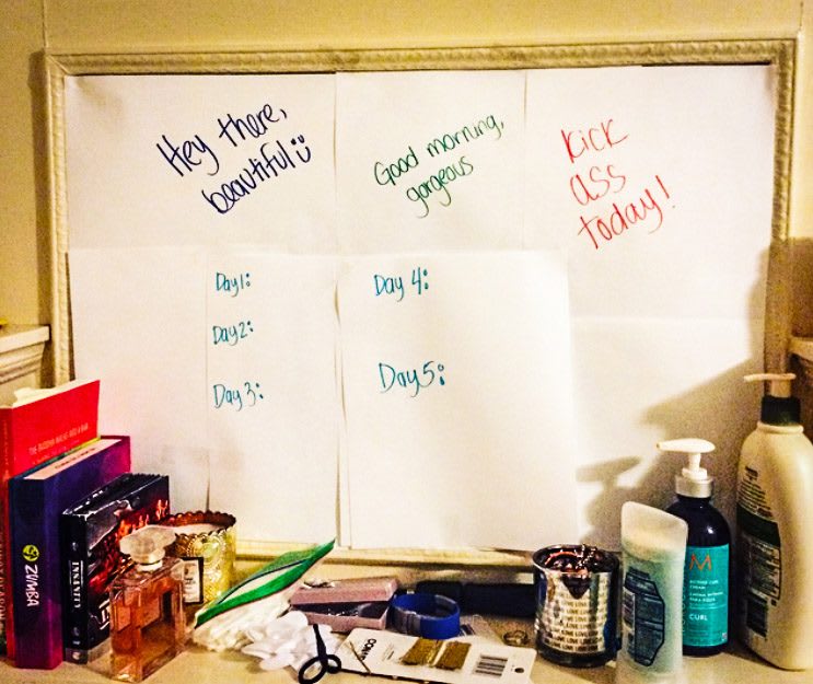 mirror-free, no mirror, motivational quotes on poster, covered mirror