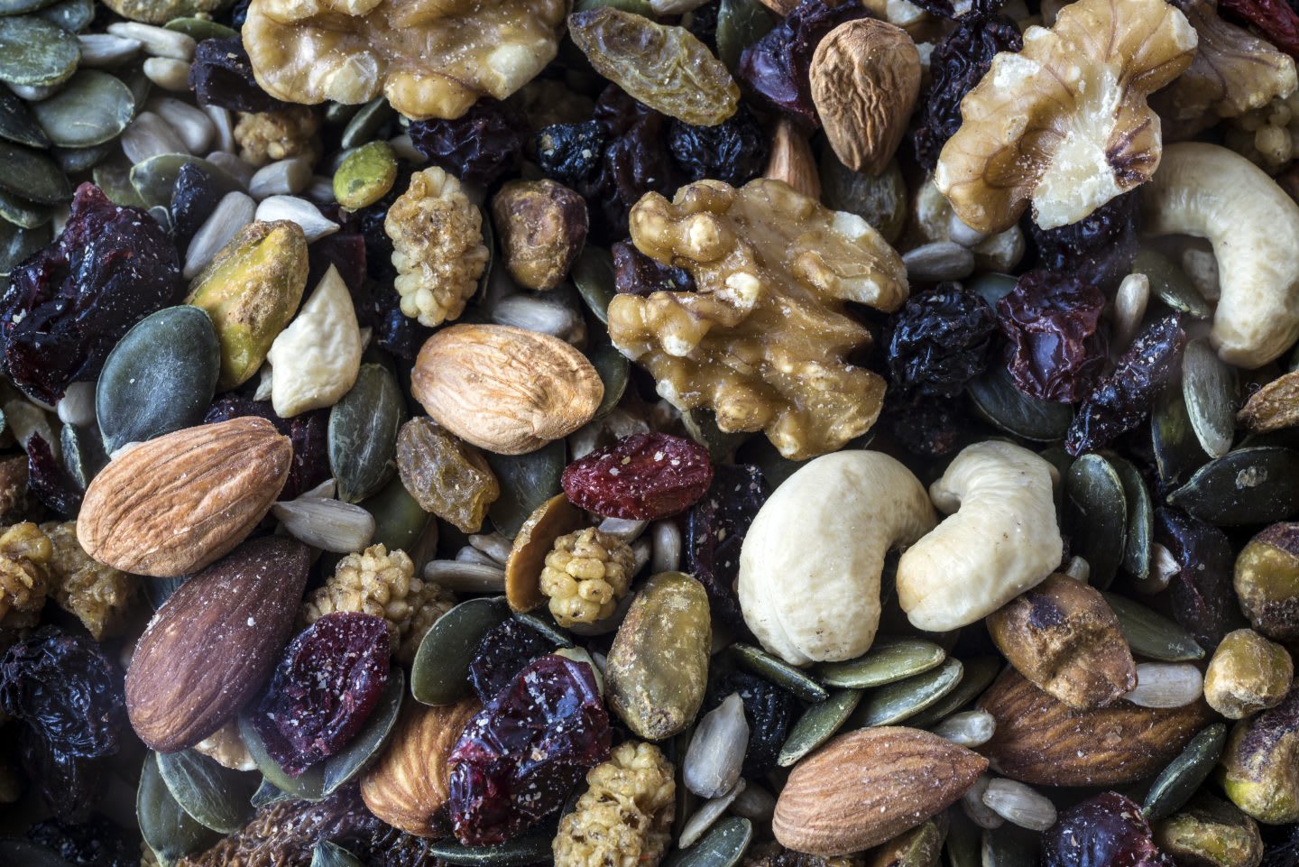 Walnuts, flaxseeds, cashews, almonds, raisins,