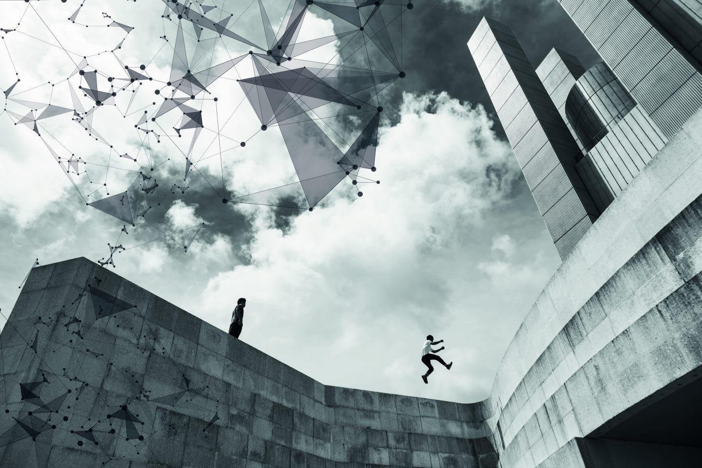 A man is leaping between two high walls of a building with a the sky filled with abstract doodles to illustrate the athlete's out-of-the-box thinking.