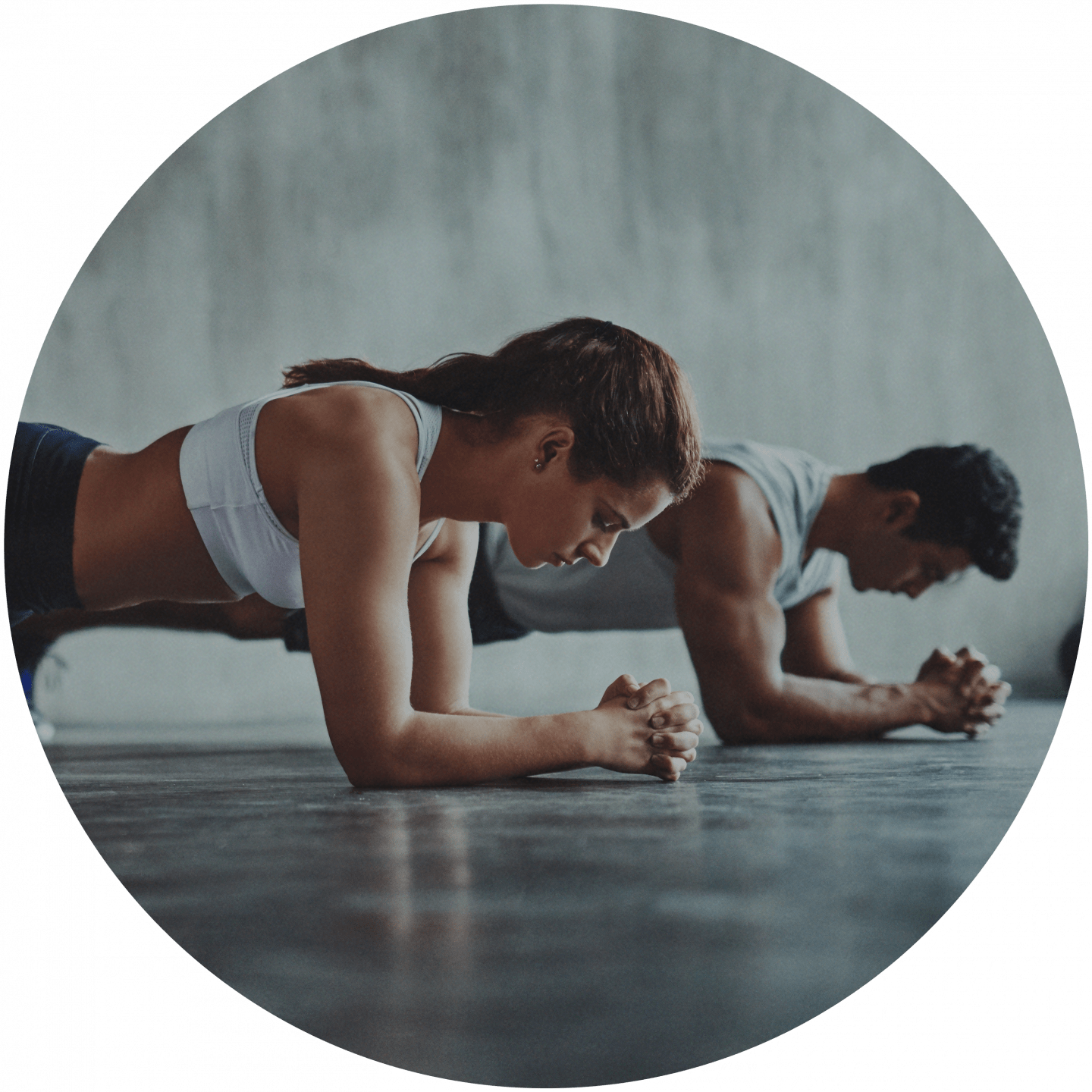 A woman and a man doing the fitness exercise plank in a gym room. team building, team event, plank, planking, fitness, health, bodyweight training, Plank_Fitness_Bodyweight Training