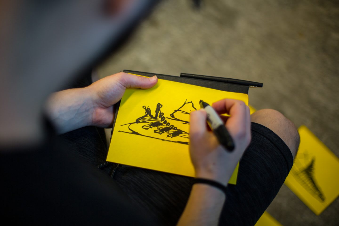 Someone drawing a quick sketch of an adidas sneaker, idea generation, design, footwear design, sketching, creative work, creativity, work processes, Brooklyn Creator Farm, adidas, GamePlan A