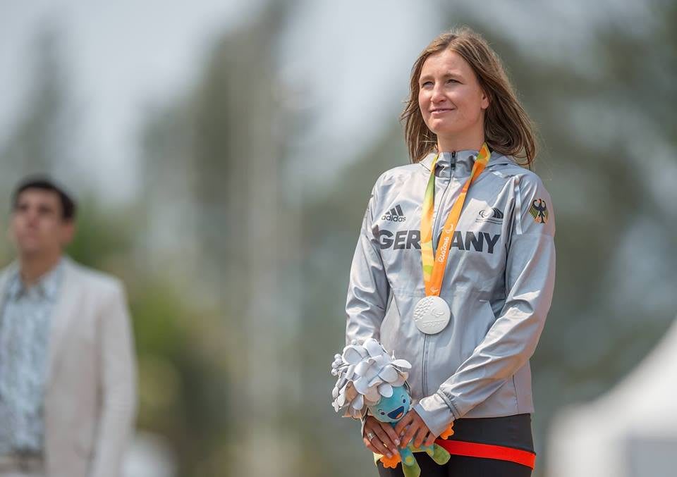 Denise Schindler winning medal, proud, celebration, para-cyclist, paralympian, paralympics, Germany, winner, GamePlan A