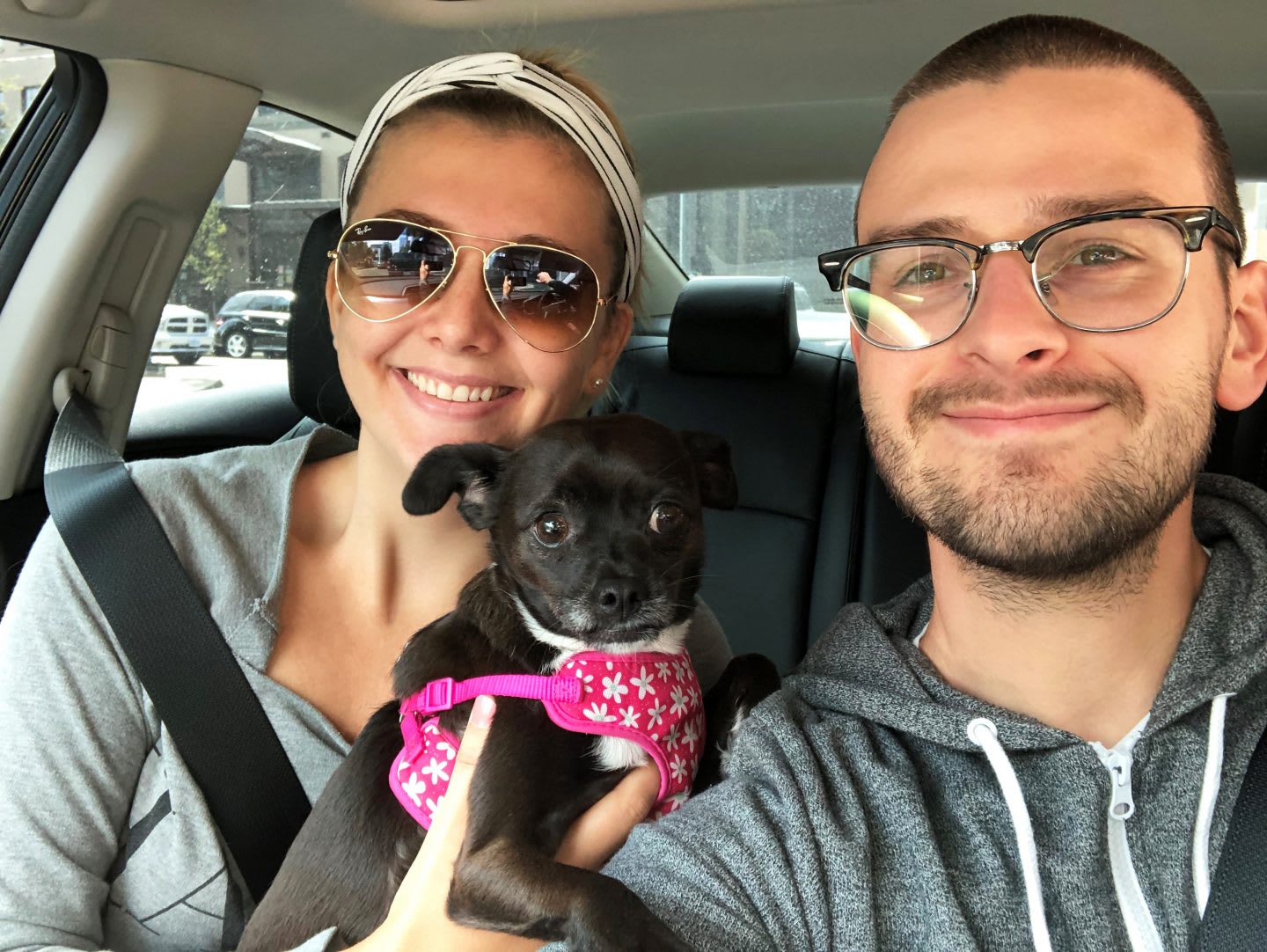 A woman and a man sitting in a car taking a selfie with their dog. team, success, work, GamePlan A