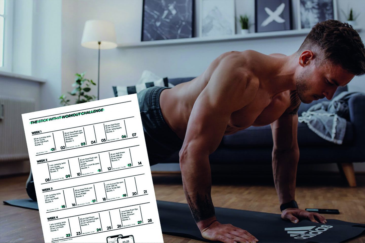 Man working out at home with sports plan, home office, workout, sports, exercise, challenge, GamePlan A