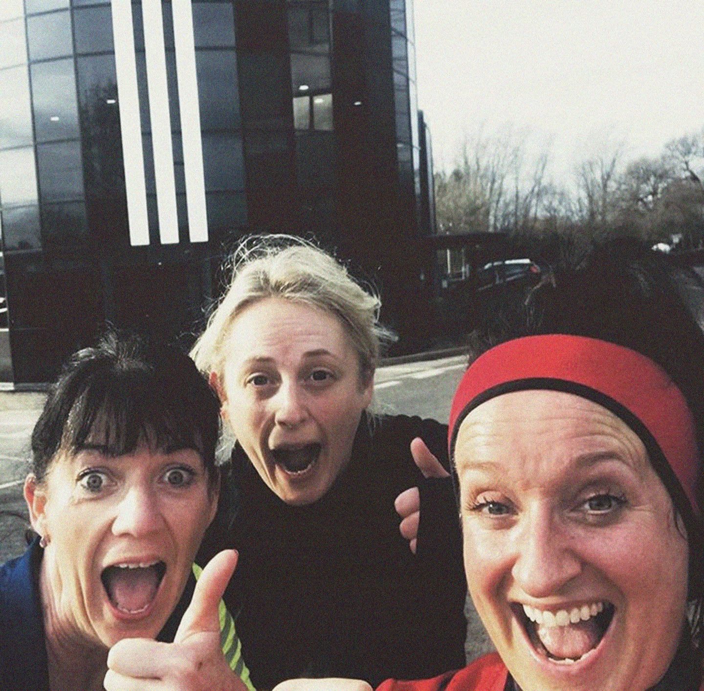 Three woman smiling and posing happily after running session, Sarah Sanderson, sport, fitness, team, friends, run