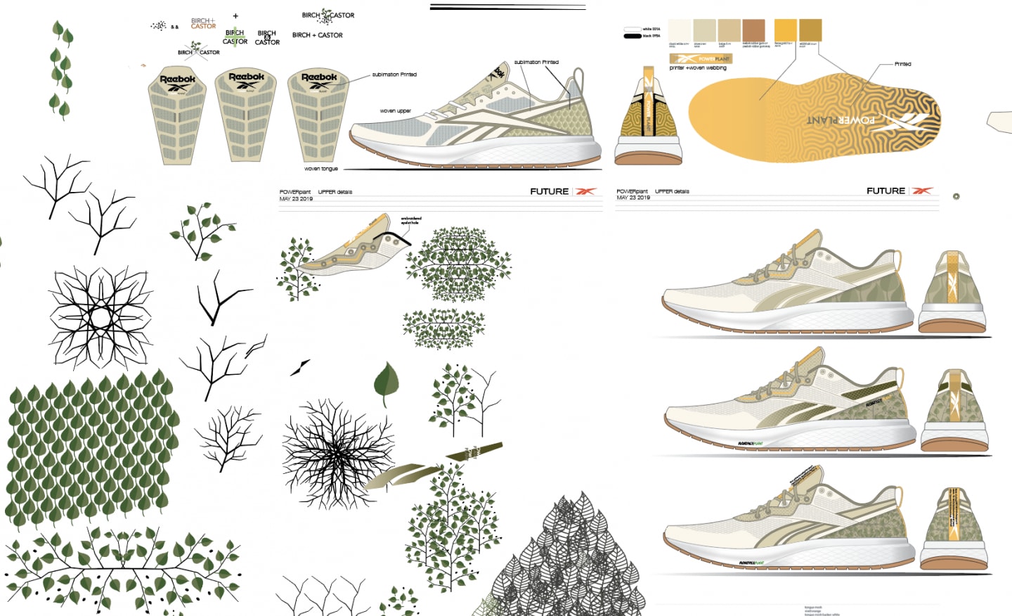 Designer sketches of running shoe with sketches of plants, Reebok, Forever Floatride GROW, innovation, design, Ricardo Vestuti