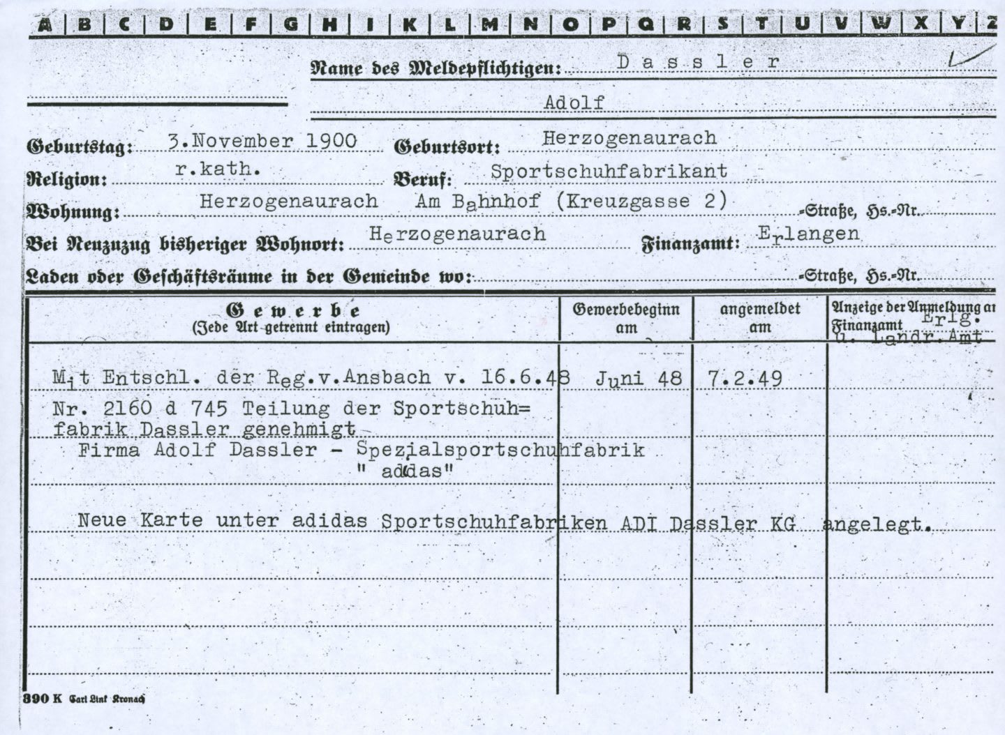 Official registration form with tables, Adolf, Dassler, Adi, adidas, sports, shoes, shoemaker, history, archive