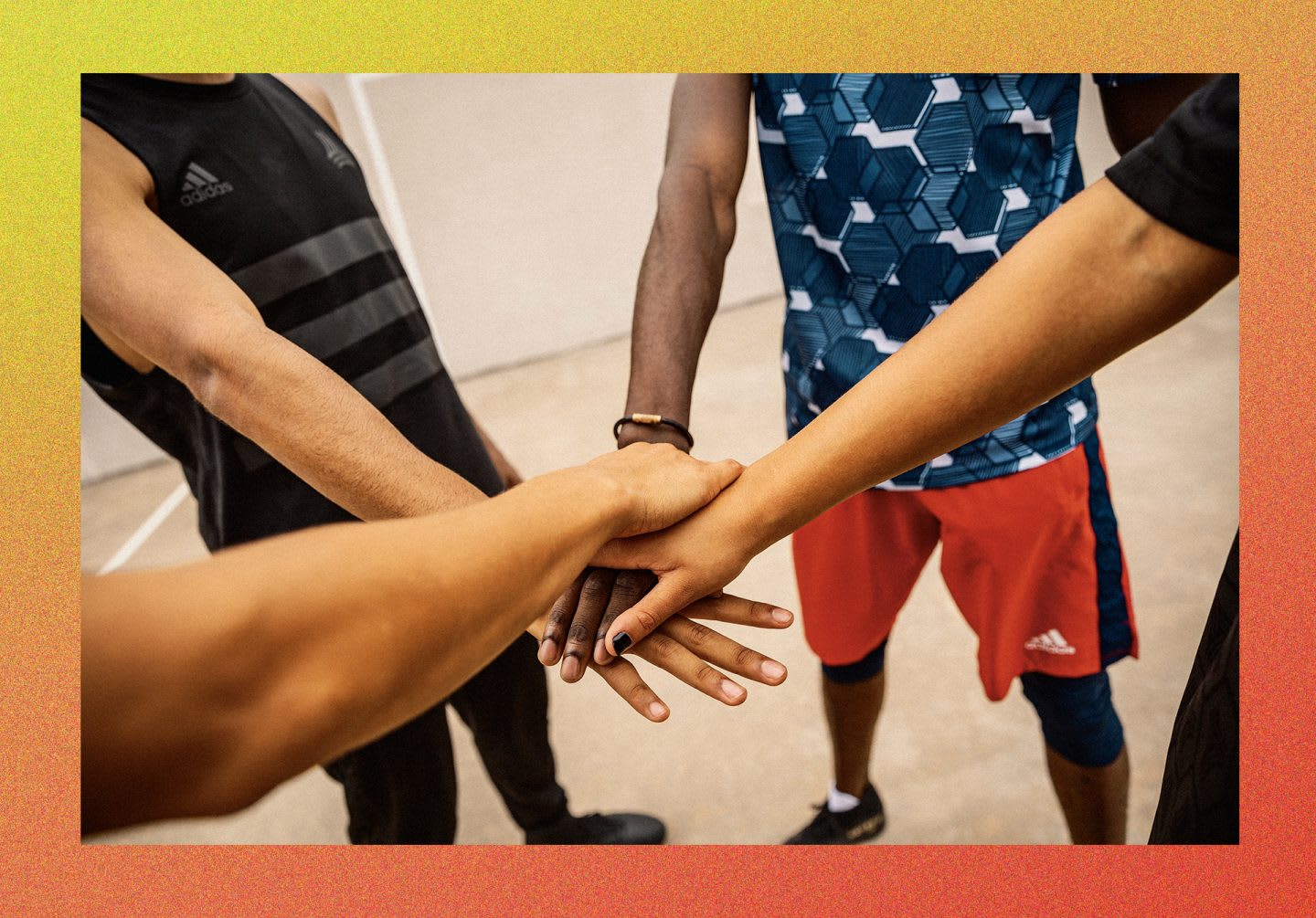 Group of people joining hands together in a circle, teamwork, team, inclusion, group, diversity, adidas