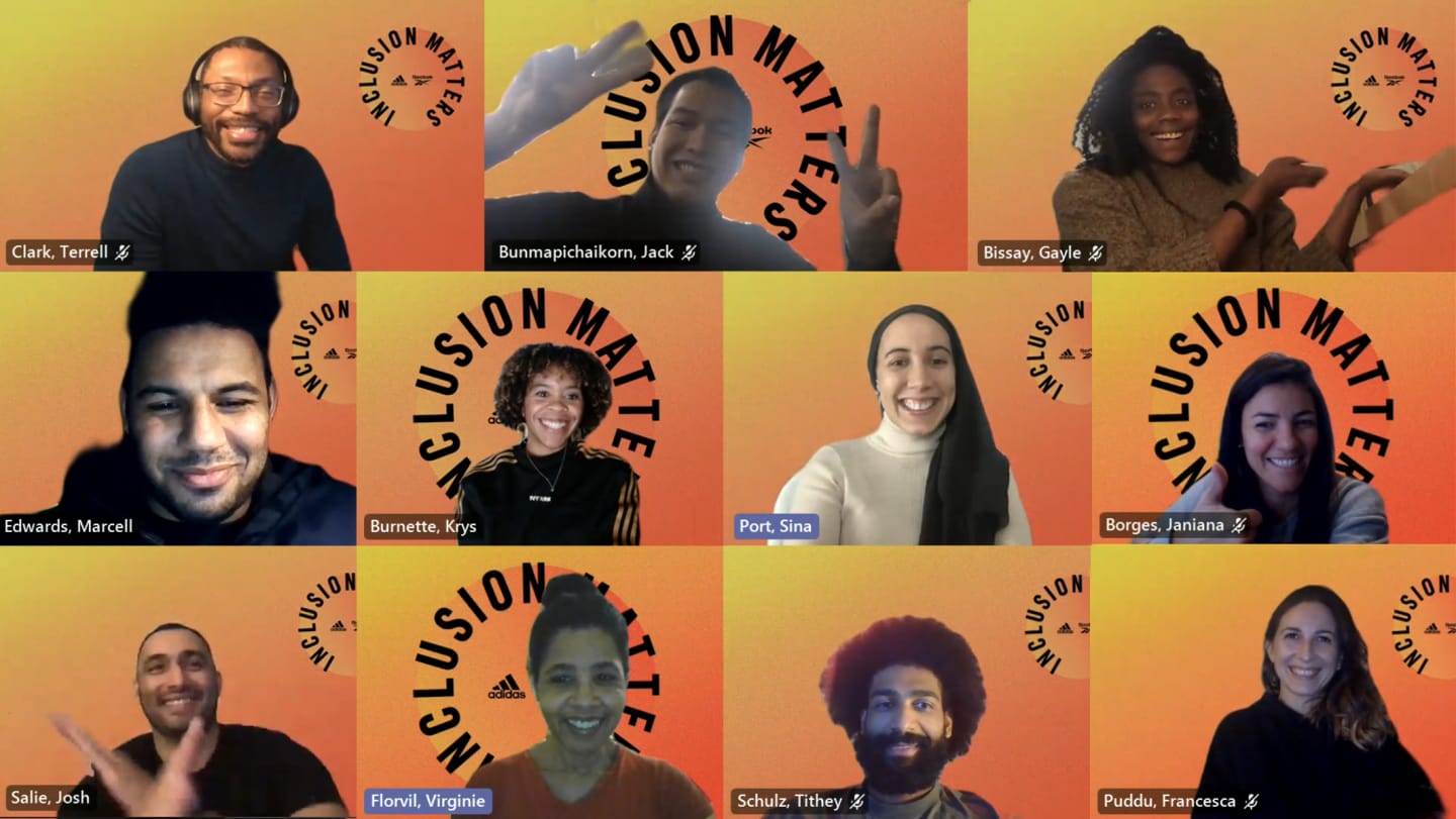 Men and woman during a virtual talk with on diversity and inclusion, ERG, adidas, employees, Reebok
