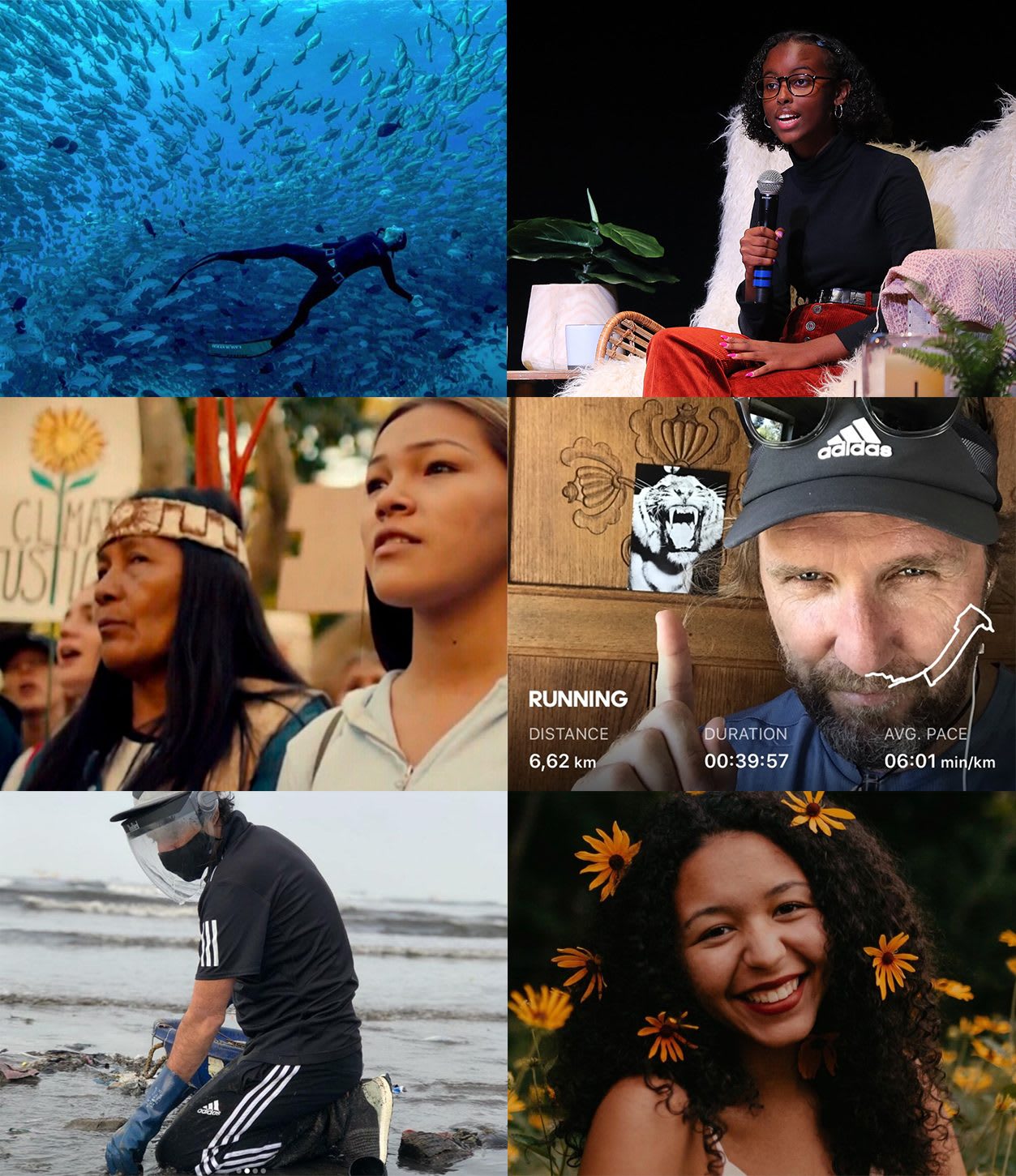 Men and women in collage conducting different activities, sustainability, environmental, influencers, activists, leaders