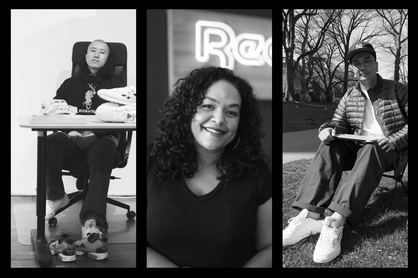 Reebok employees from the fashion collaborations team, James Chan, Carmen Hardaway, Leo Gamboa, teamwork, team, collaboration