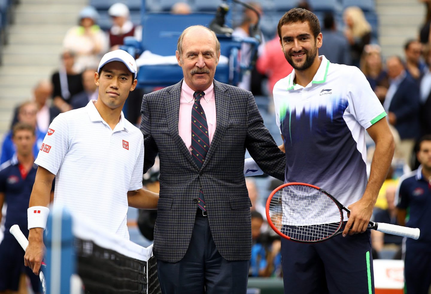Man wearing dark suit standing in between two tennis players, Stan Smith, Kei Nishikori, Marin Cilic, tennis, players, athlete, athletes, sports, sport, US Open