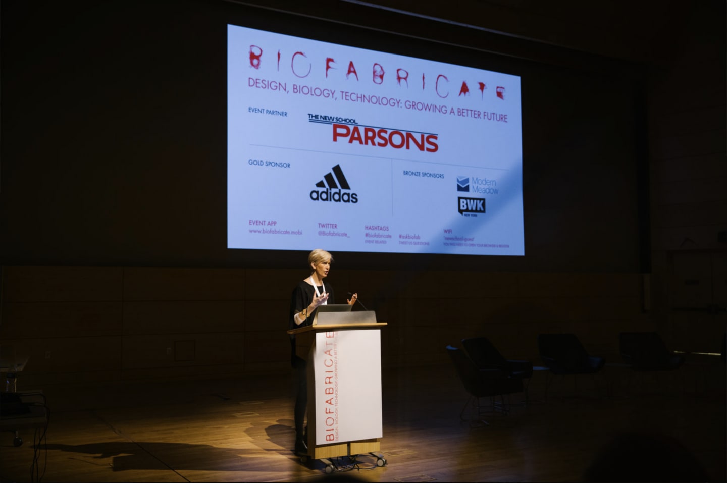 woman giving presentation suzanne Lee opening biofabricate