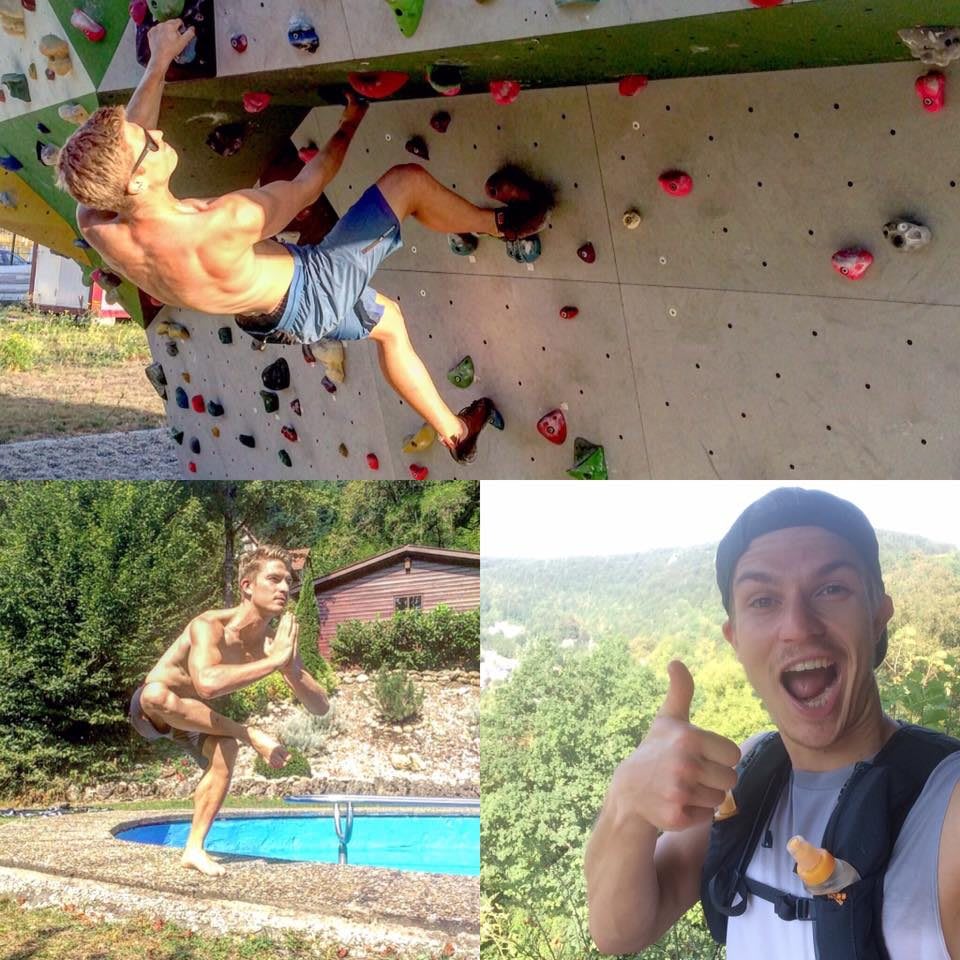 Man doing yoga, trail running and bouldering working part-time boosts career
