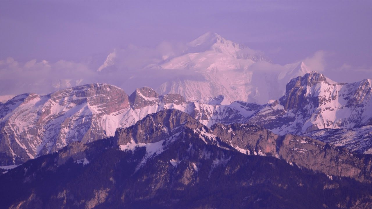 Mountain panorama with snow in purple light, Mont Blanc_Mountaineering_Adventure, adidas, Marcus Leach, nature