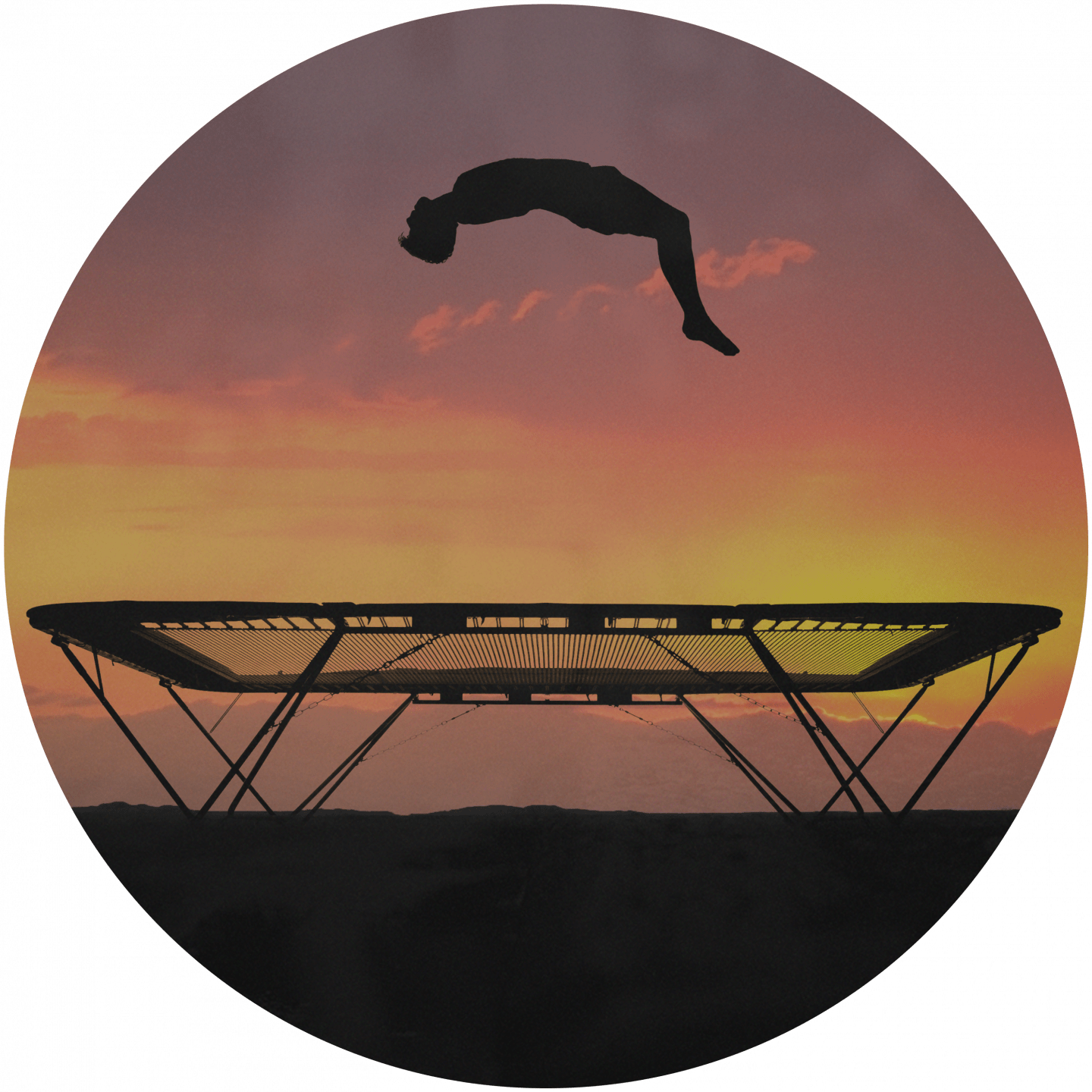 A man jumping on an olympic trampolin in front of a sunset scenery. team building, team event, business, adidas, GamePlan A, jump, sunset, trampolin, fun
