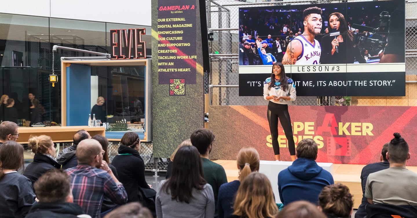 Maria Taylor talking on stage at the adidas HQ in Germany. ESPN, career, TV host, college basketball, women, GamePlan A, Speaker Series