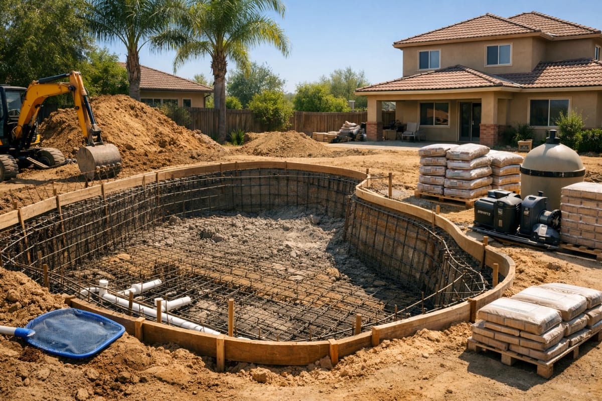 Central Valley backyard pool construction site with excavation, rebar framing, plumbing lines, and stacked gunite materials under clear blue sky.