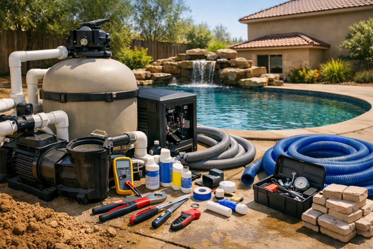 Pool equipment repair setup with pump, filter, tools, hoses, and open heater beside a clean blue pool.