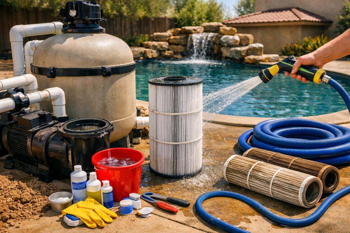 Pool filter cleaning process showing cartridge being rinsed with hose, pump and cleaning supplies beside a clear blue pool.