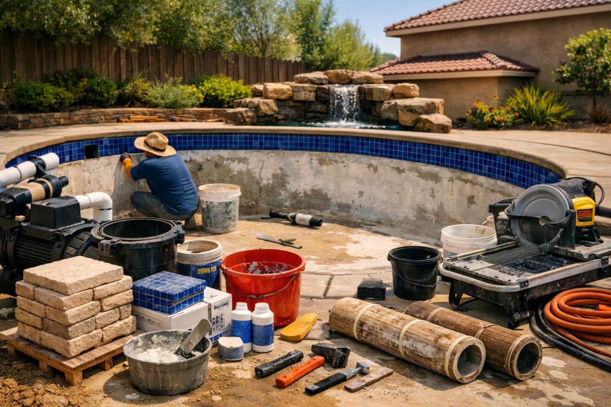 Pool renovation in Central Valley showing drained pool, new blue tile installation, travertine coping, and plaster materials under bright sunlight.