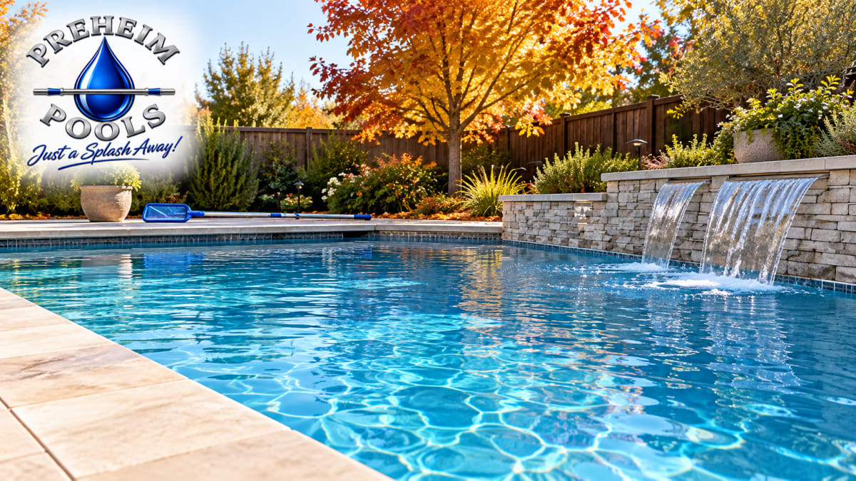 Sparkling swimming pool with cascading waterfalls, autumn foliage, and the Preheim Pools logo, illustrating year-round pool care in Reedley and surrounding communities.