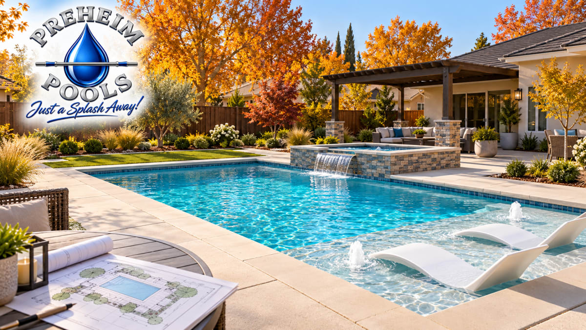 Backyard pool design concept featuring a raised spa with waterfall, Baja shelf, patio, and autumn landscaping, with planning drawings and the Preheim Pools logo.
