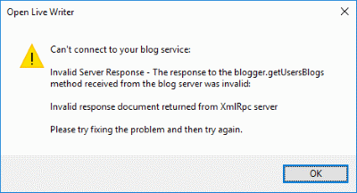 open live writer add blog account invalid response document xmlrpc error