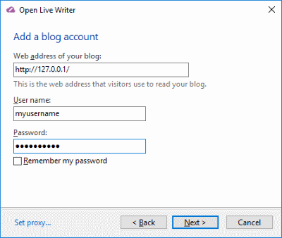 open live writer add blog account localhost