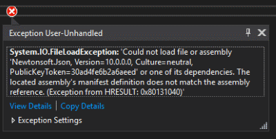 Visual Studio Newtonsoft Json Exception Error Message