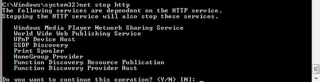 Using net stop http command to get a list of services that depend on http service.